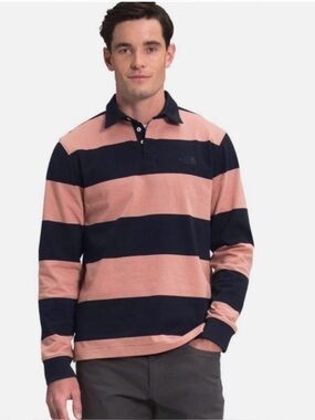 The North Face Berkeley Rugby Shirt Coral Navy  Striped Long Sleeve Men LARGE